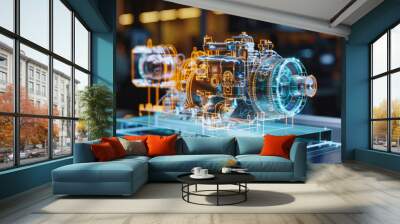 Holographic engine model displayed on glass tabletop in modern workshop Wall mural