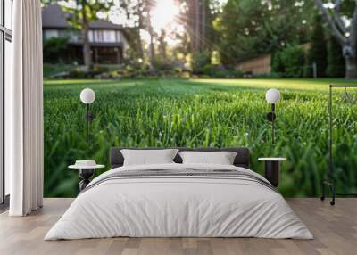 Newly mowed lawn in a residential yard on a sunny day Wall mural