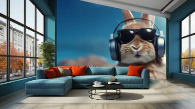 Rabbit in glasses plunged into the music. Rabbit listen to tunes in headphones with copy space Wall mural