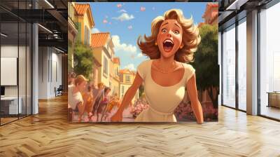 A young laughing woman with beautiful smile, gentle and happy life. Healthy. Cartoon illustration. Wall mural