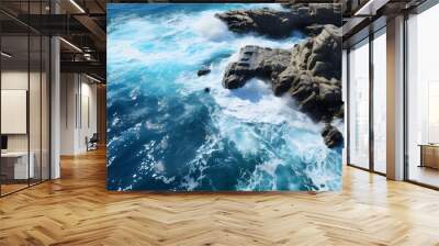 Aerial view of green woods and blue sea water coastline in summer scenic beach Wall mural