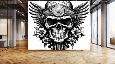 Decorative skull in tattoo illustration. Hand drawn black ink watercolor isolated on white background. Floral pattern of plants with flowers in retro vintage style design for T-shirt. Wall mural