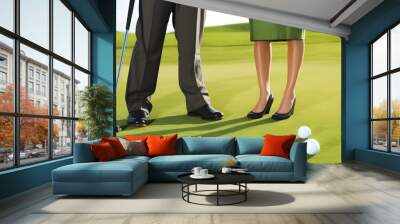 Golf course with beautiful sky. Scenic panoramic view of golf fairway, business club Wall mural