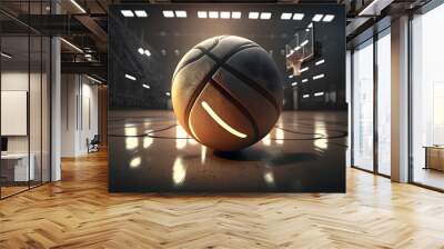 Illustration of a basketball on fire colors, with a dynamic dark background, a flaming basketball Wall mural