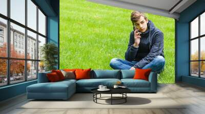 Male student talking on a phone seated on a grass in the city park Wall mural