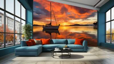 Sailboat in the sea in the evening sunlight, luxury summer adventure Wall mural