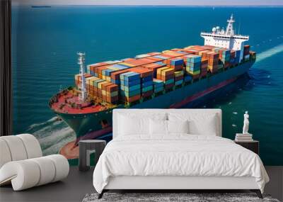 Ship with contrail in the ocean ship carrying container and running for export concept technology freight shipping. Wall mural