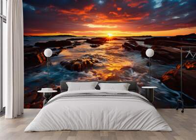 Sunset or sunrise orange landscape view of the coast Wall mural