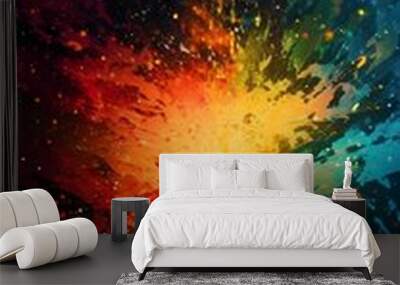 Vibrant colorful explosion of color paint, isolated black background, abstract splash design wallpape Wall mural