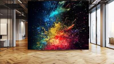 Vibrant colorful explosion of color paint, isolated black background, abstract splash design wallpape Wall mural