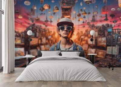 Young gamer playing computer games. Wall mural