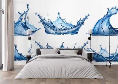 Dynamic water splash collection, liquid crown and wave shapes isolated, high-speed photography of clear blue fluid motion and droplets transparent PNG file Wall mural