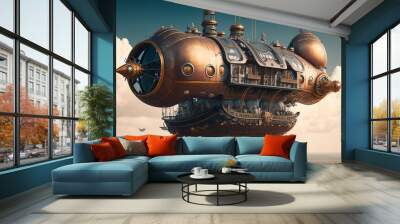 Concept of a large flying machine sailing in the sea in steampunk style generated by AI, digital art. Wall mural