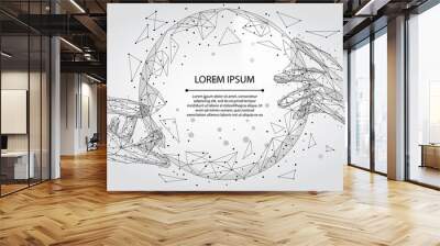 Abstract mash line and point, polygonal hands touching digital global form. Low poly vector Illustration  Wall mural