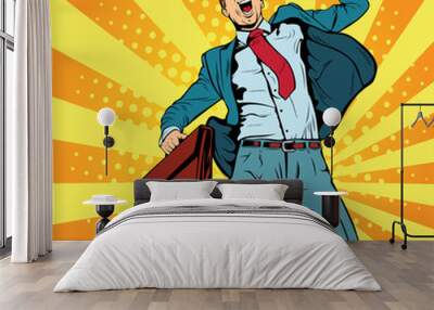 Business man the winner pop art retro vector illustration. Successful businessman jumping for joy. Joyful man with briefcase of money and documents.  Wall mural