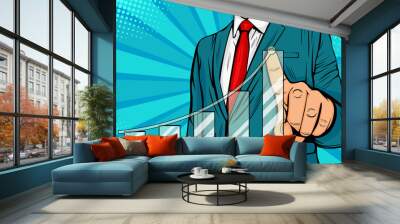 Businessman pointing arrow graph corporate future growth plan. Business concept of development to success and growing growth. Vector illustration in pop art retro comic style Wall mural