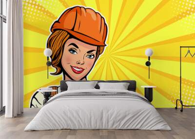 Caucasian woman Builder in uniform and helmet. Cartoon comic vector illustration in pop art retro style. Wall mural