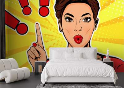 Exclamation point and surprised woman. Colorful vector illustration in pop art retro comic style Wall mural