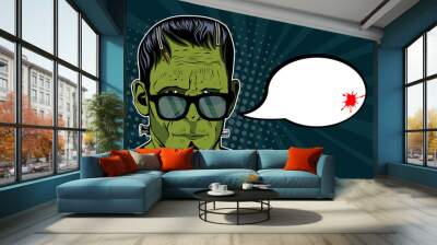 Halloween background vector with Frankenstein head. Vector illustration in retro comic style. Colorful pop art background. Halloween party invitation. Wall mural