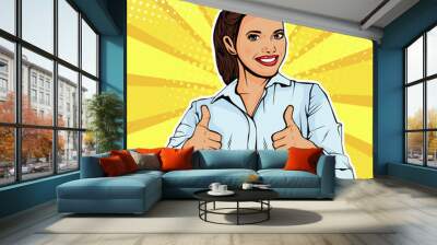 Like successful female businesswoman showing thumb up. Like gesture. Vector illustration in pop art retro comic style Wall mural