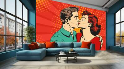 Man and woman are kissing. Couple love illustration in pop art retro comic style. Wall mural