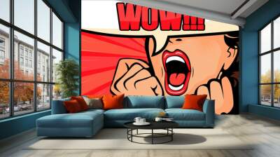 Pop art surprised brunette woman face with open mouth. Comic woman with speech bubble illustration. Wall mural