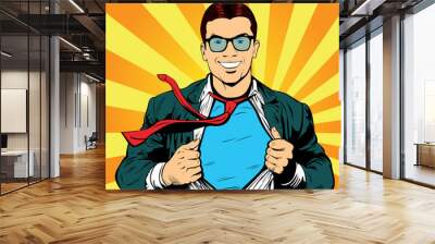 Super hero male businessman pop art retro illustration. Strong Businessman in glasses in comic style. Success concept. Wall mural