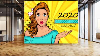 Waiting for new year. Blonde girl looking at 2020 loading process. Pop art retro comic style vector illustration. Wall mural