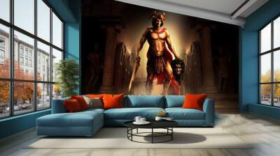 3d render artwork illustration of greek mythological warrior Perseus defeating monster goddess Medusa Gorgon in ancient greek temple with sword and golden shield. Wall mural