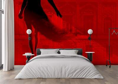 3d render noir illustration of lady in black dissolving dress walking on red and black styled city street background. Wall mural