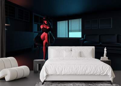 3d render noir illustration of mysterious sexy spy lady in black dress sitting in dark room background with red red lamp. Wall mural