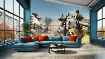 Desert battlefield first person vr rifle view with soldiers and explosions. Wall mural