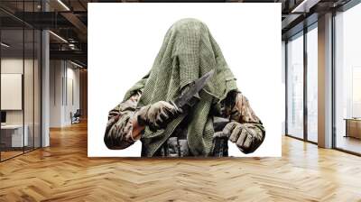 Fully equipped soldier in tactical net scarf, multi-camouflaged military shirt with knife. Wall mural