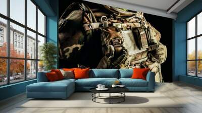 Photo of soldier in level 3 armored vest ammunition, tactical gloves using pouch on black background. Wall mural