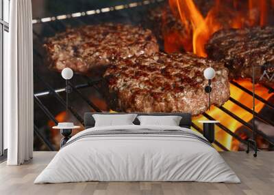 Beef burger for hamburger on barbecue flame grill Wall mural