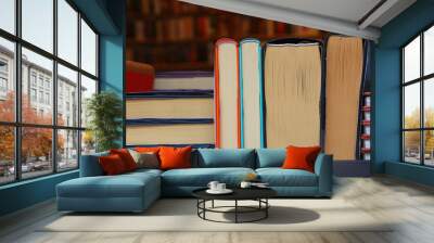 Books back on wooden shelves of store close up Wall mural