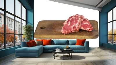 Raw meat on cutting board isolated on white Wall mural