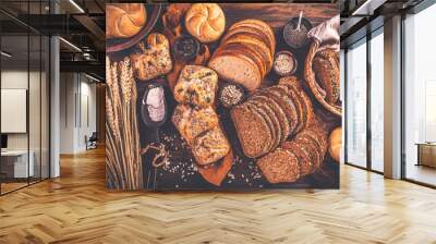 Assortment of different kind of cereal bakery - bread, pasties, buns, with healthy seeds Wall mural