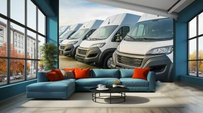 Commercial delivery vans parking in a row, transporting and shipping service company Wall mural