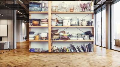 Shelves with kitchen clutter, utensils and kitchenware Wall mural