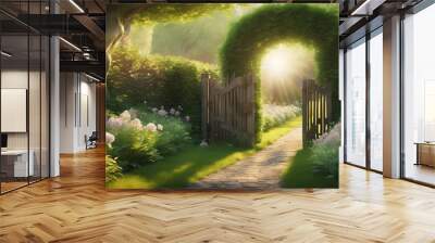  Garden gate with light shining through, archway of greenery and flowers leading to an open path, sunlight filtering through leaves creating a magical atmosphere. Generative AI Wall mural