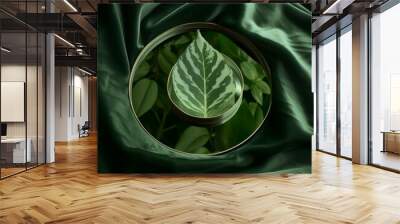 Elegant green satin fabric with a central focus on a highlighted leaf, symbolizing nature and luxury Wall mural