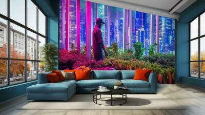 Futuristic Urban Farmer Overlooking a High-Tech Cityscape. Suitable for themes on urban agriculture, sustainability, and future cities Wall mural