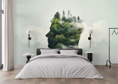 Illustration of a human profile filled with a lush forest, emphasizing the deep connection between man and nature and the importance of environmental preservation Wall mural