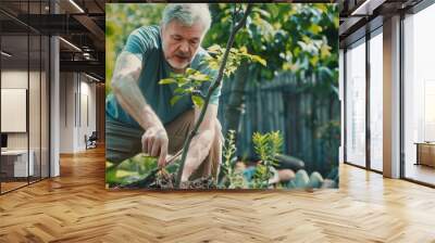 Middle-aged man tends to urban garden, merging personal growth with environmental stewardship during andropause Wall mural