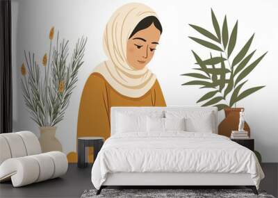 young muslim woman in hijab sorting lentils at home - ethnic homelife concept Wall mural