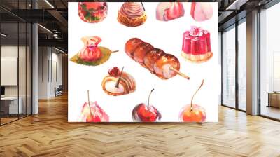 Watercolor set of japan dessert, isolated on the white background Wall mural