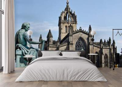 st. giles cathedral (high kirk of edinburgh) with david hume statue in foreground on royal mile in e Wall mural