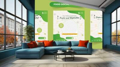 Healthy fresh organic food promotion menu in green and white doodles suitable for promotional social media post square and web ads Wall mural