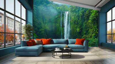 Green rainforest waterfall, cascading water, bright day, high definition, eye level shots. Wall mural